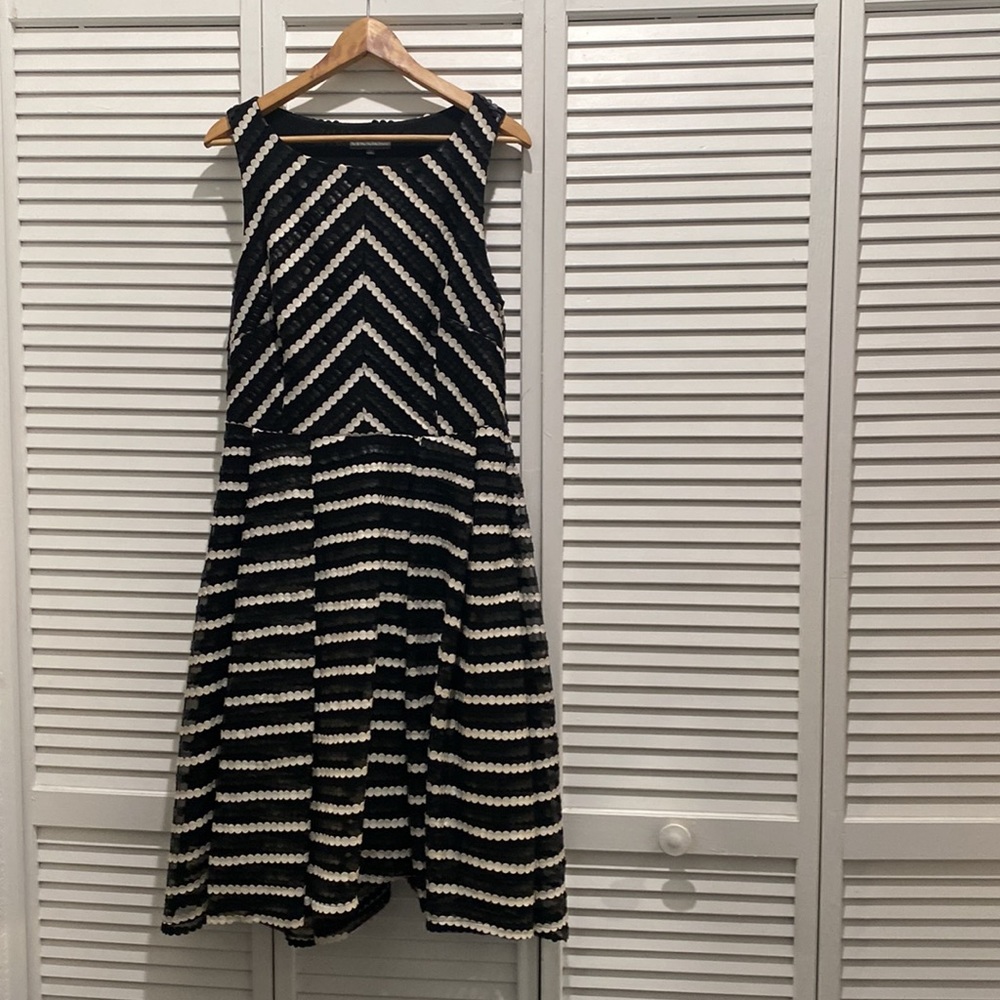 Eva by Eva Franco cocktail dress. Faux black and white leather stripe.
